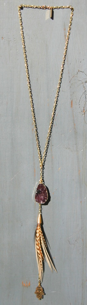 Raw amethyst Crystal with feathers and Protective Hamsa pendant, in your favorite Boho Chic style!
